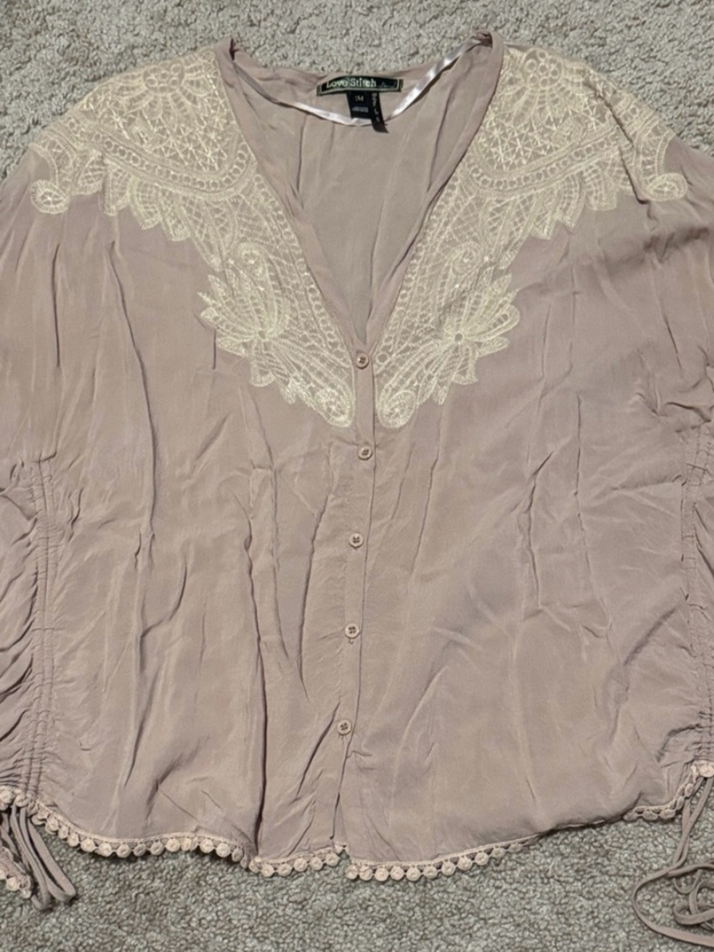 Love Stitch Mauve Button-Front Blouse with Cream Lace